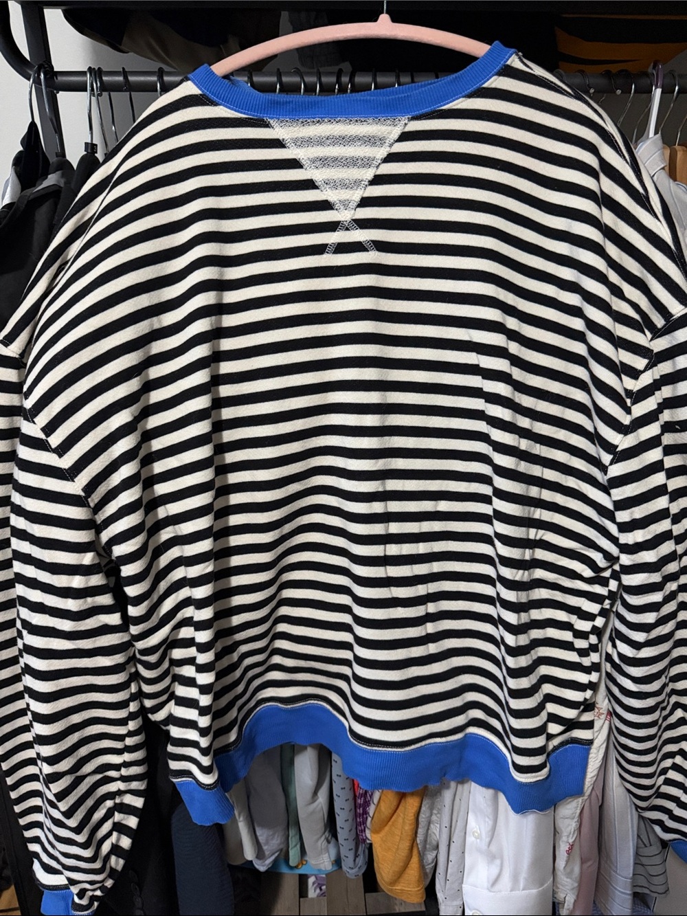 Free People Black and White Striped Crewneck Sweater with Blue Trim